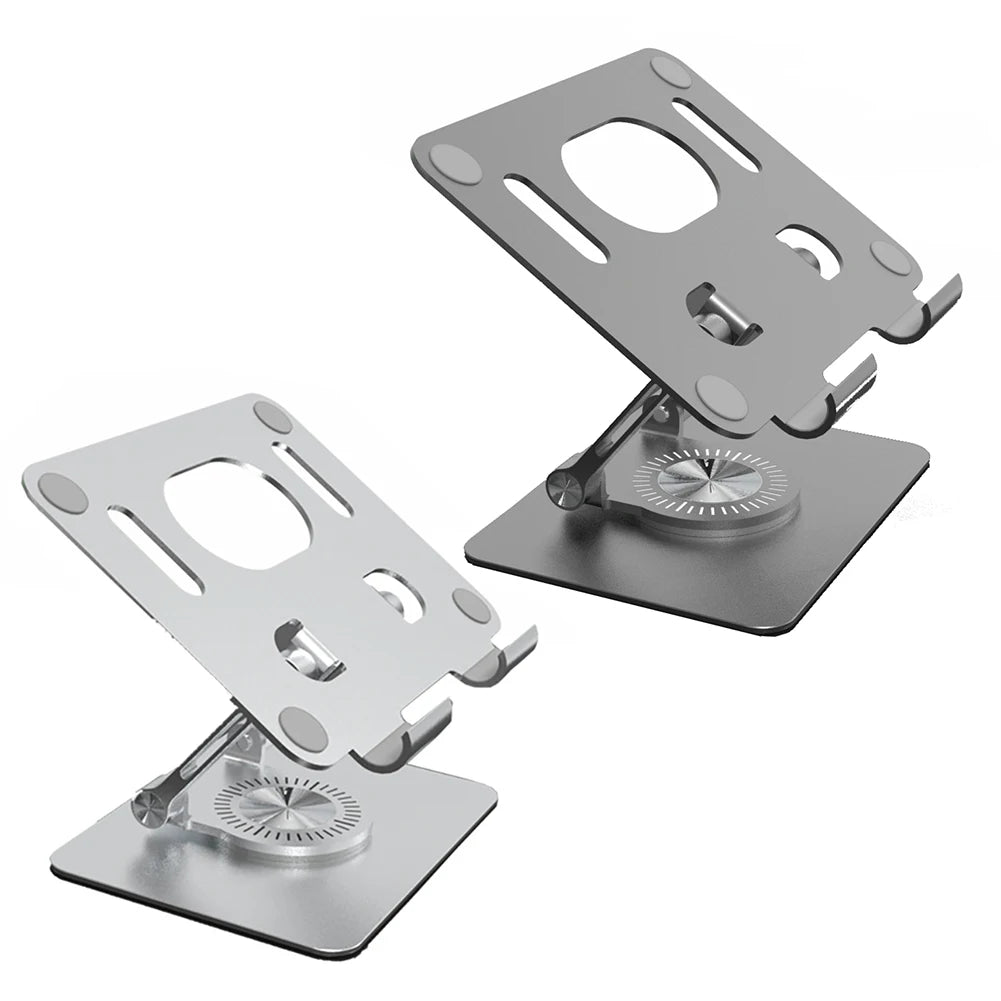 Silberner rotierender Tablet-Ständer mit flacher Basis und verstellbare Klammer.