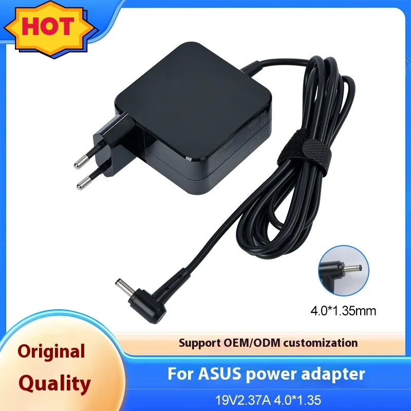 Black power adapter for ASUS laptop, featuring a 4.0*1.35mm connector and supporting OEM/ODM customization.