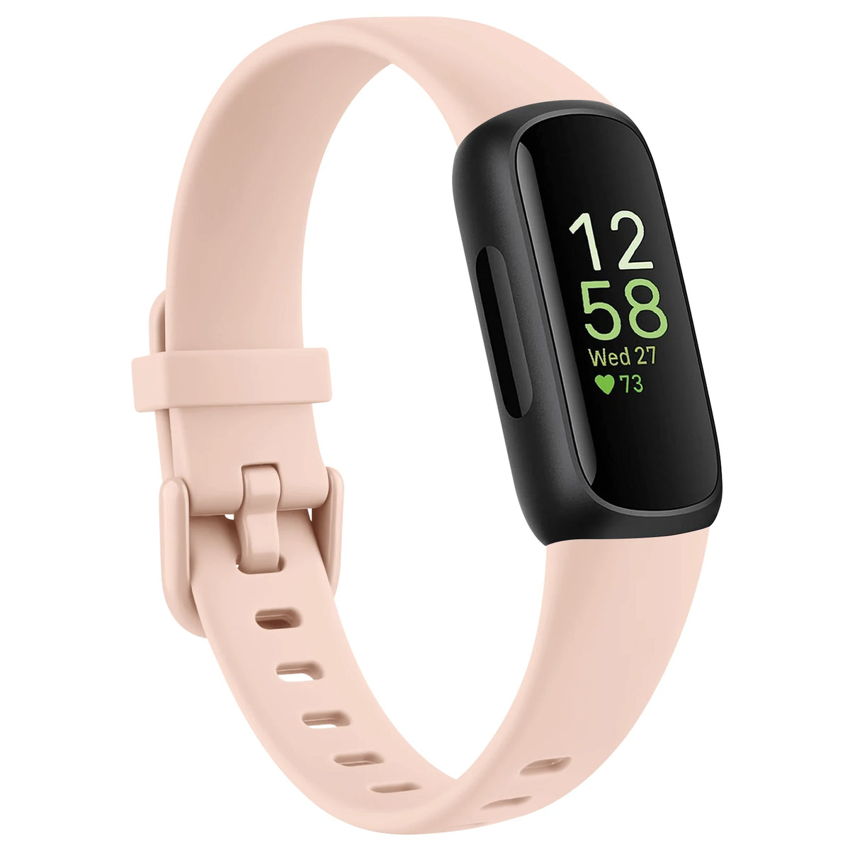 A pink silicone replacement strap for a Fitbit Inspire series watch with a black band and digital display.