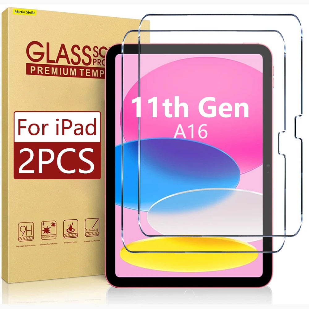 A box containing two high-definition tempered glass screen protectors for an iPad 11th Gen A16
