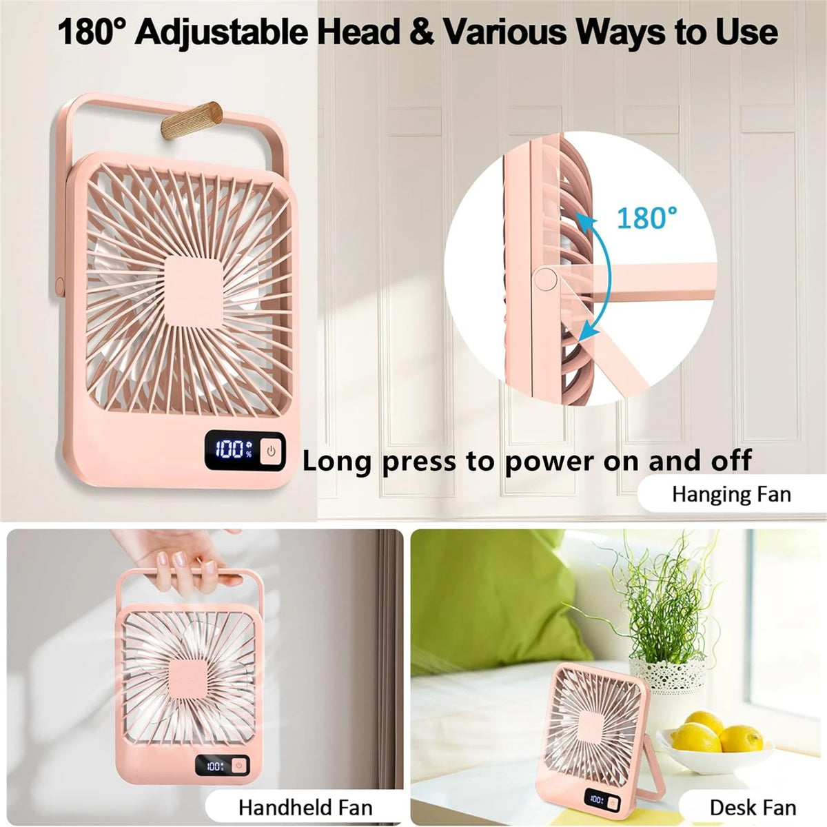 Pink 180 degree adjustable hand and desk fan with a mesh blade for cooling