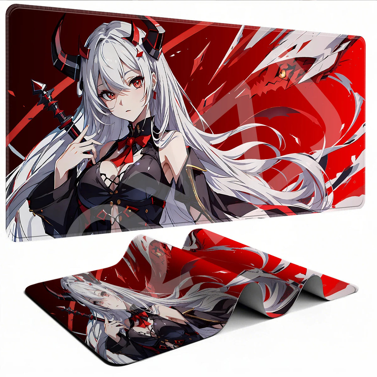 A digital illustration of an anime character with white hair and horns against a red background, suitable for a gaming mouse 