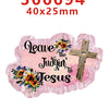 A pink water ripple acrylic hair bow set featuring a leaf design and a cross with floral accents.