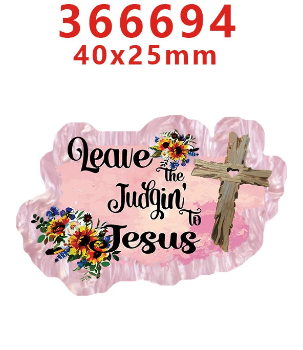 A pink water ripple acrylic hair bow set featuring a leaf design and a cross with floral accents.