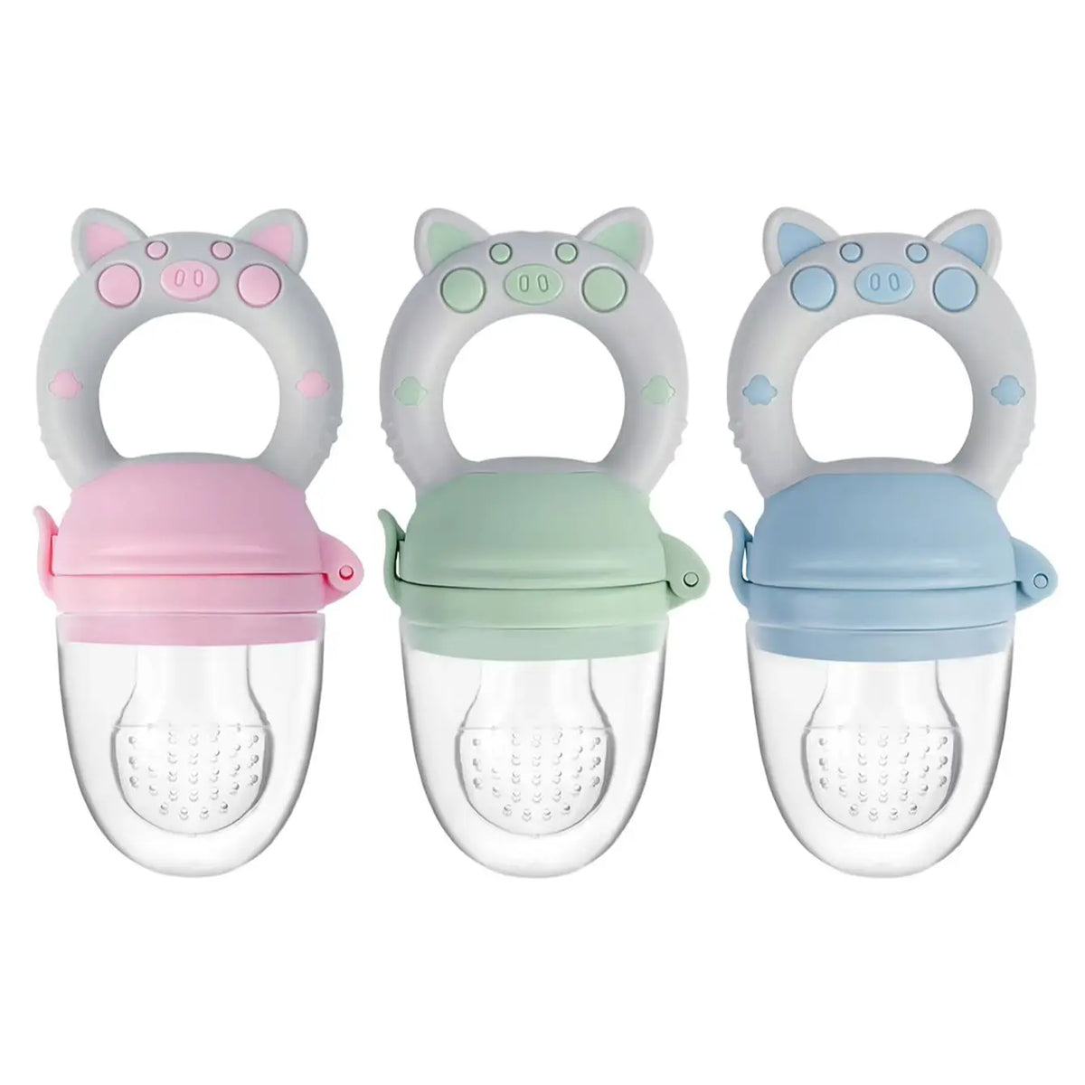 A set of three silicone fruit and vegetable feeders for babies and toddlers in pink, green, and blue.