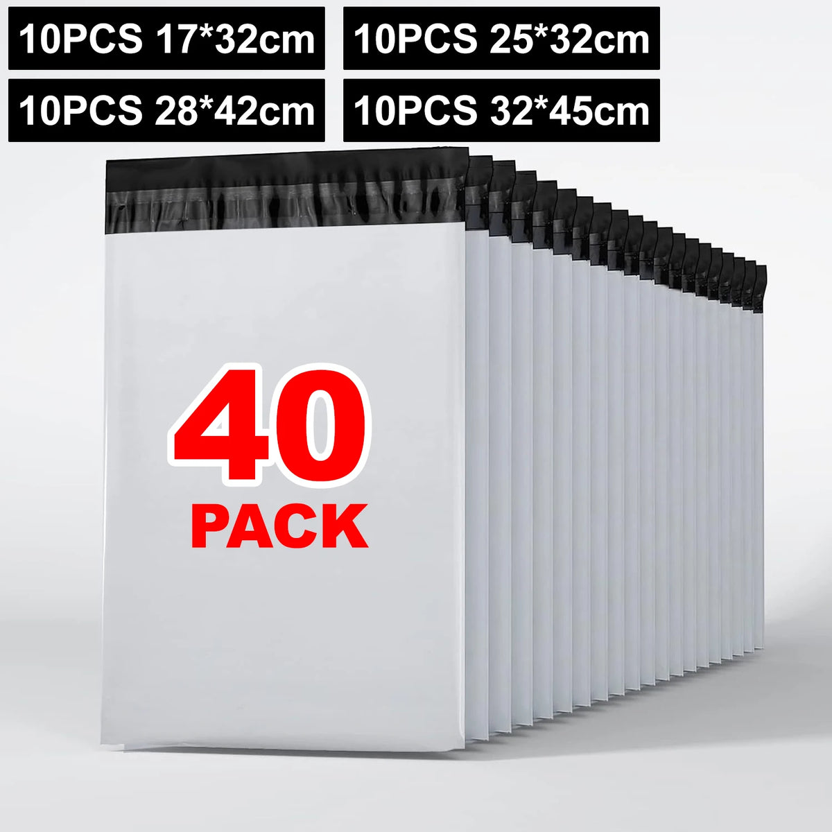 Ein Stapel von 40 Packungen stabiler selbstklebender Poly-Umschläge in weißer und schwarzer Verpackung.
