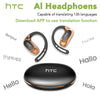 HTC AI Headphones shown in various forms including a headset and a standalone device with language translations