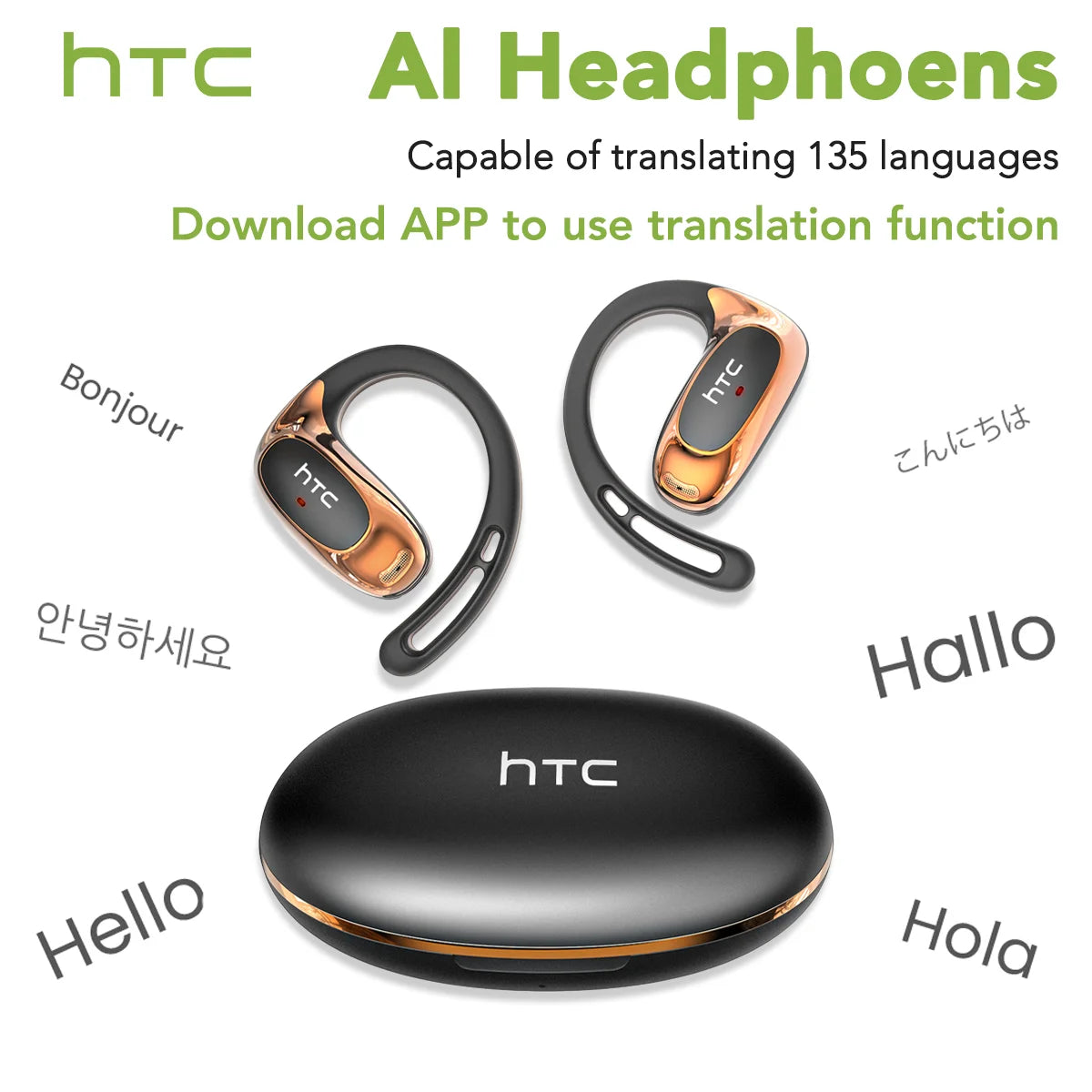 HTC AI Headphones shown in various forms including a headset and a standalone device with language translations