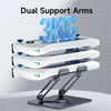 Dual support arms for a white tablet stand with blue 3KG weight visible on a gray background.