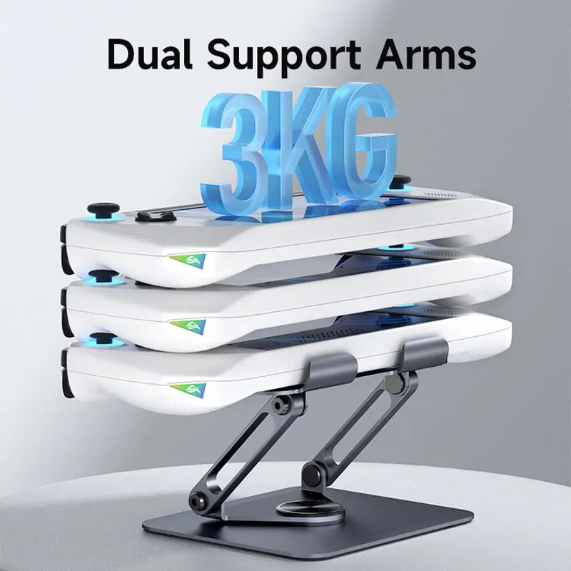 Dual support arms for a white tablet stand with blue 3KG weight visible on a gray background.