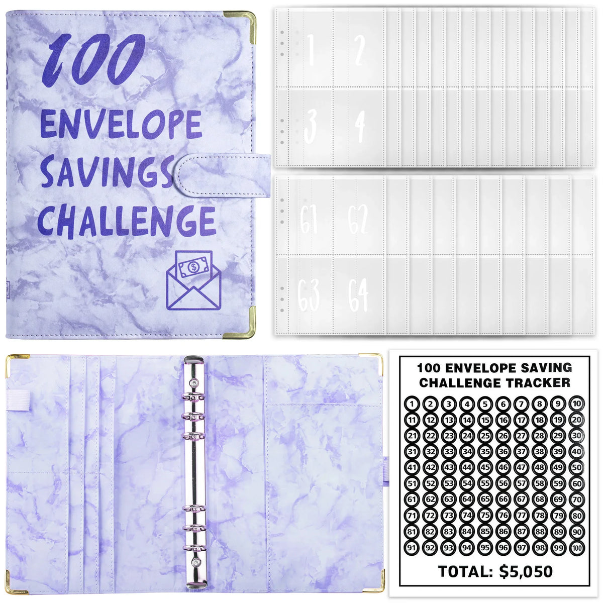 A purple marble budget binder with cash envelopes and a corresponding tracker sheet.