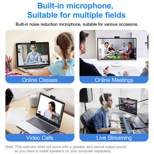 HD 1080P webcam with built-in microphone shown in various contexts for online classes, meetings, video calls, and live stream