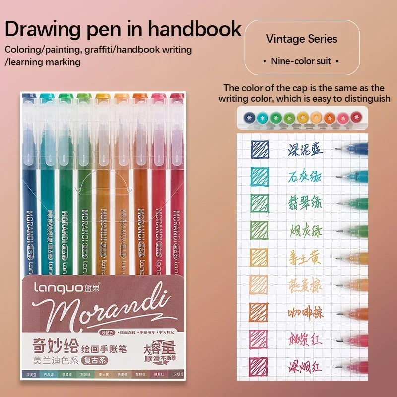 A set of Morandi gel pens in various colors displayed next to a grid showing color names and corresponding shades.