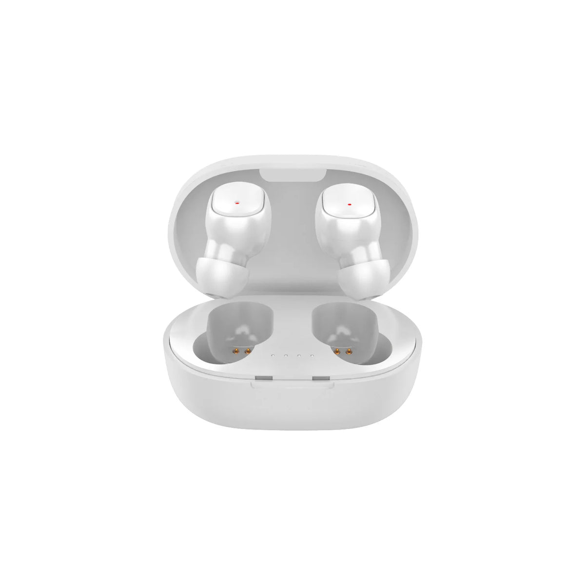 Estuche de carga blanco para auriculares inalámbricos Bluetooth con dos auriculares dentro.