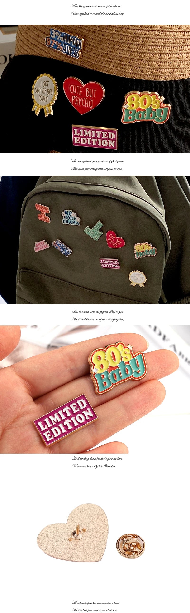 A set of enamel pins featuring 80s baby designs and a heart-shaped pin on a hand.