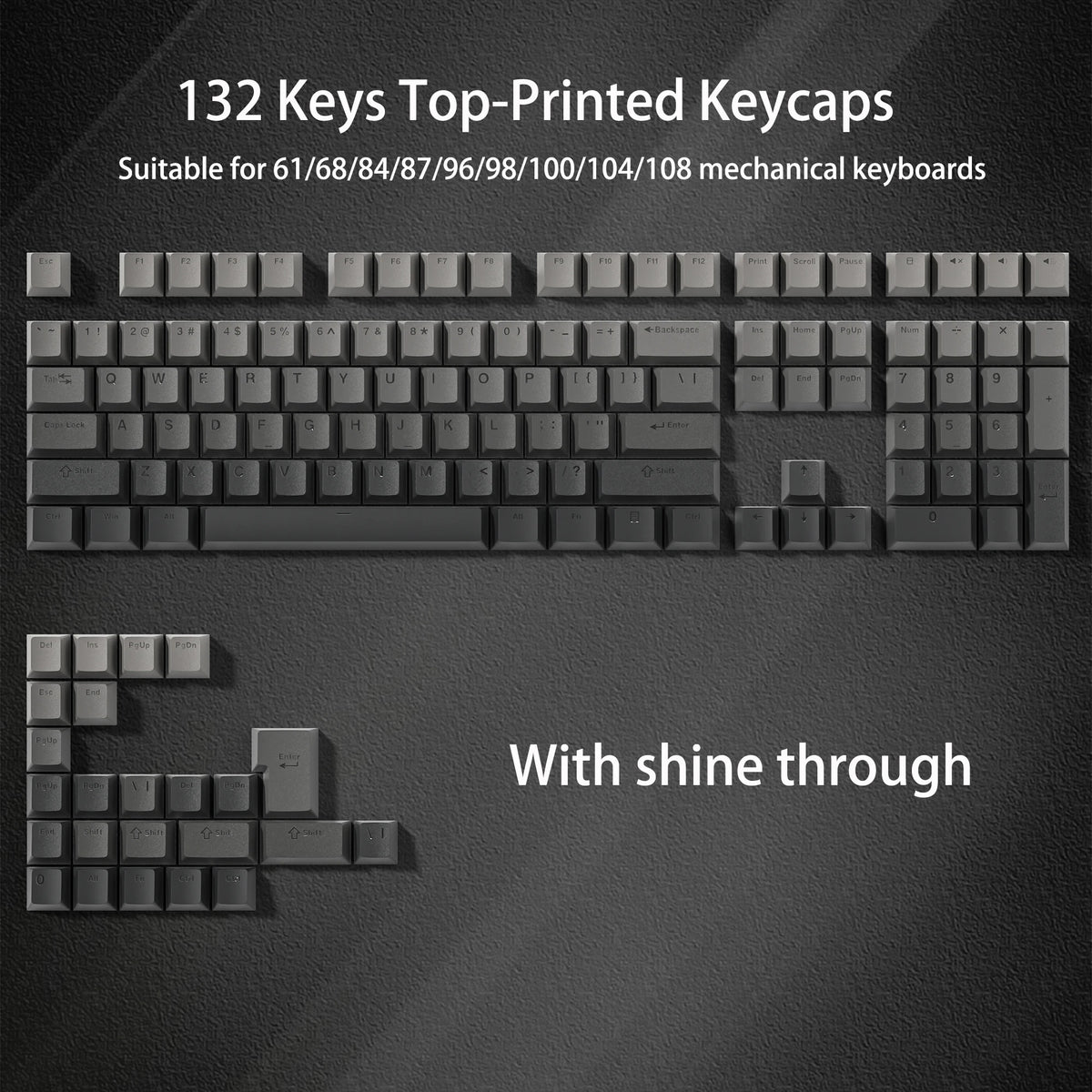 Nahaufnahme von 132 top-gedruckten Keycaps für mechanische Tastaturen mit Durchscheibeffekt.