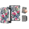 A premium leather case featuring a floral pattern for a Kindle Paperwhite device, shown with various angles.
