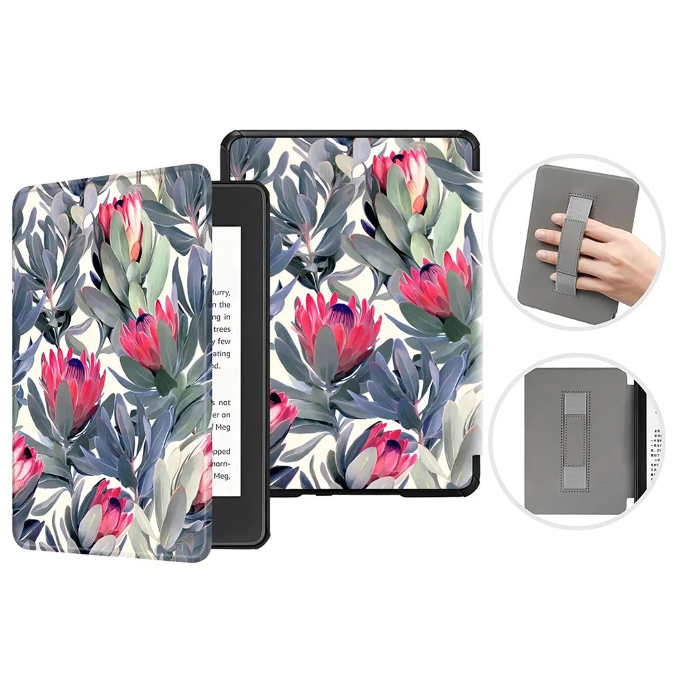 A premium leather case featuring a floral pattern for a Kindle Paperwhite device, shown with various angles.