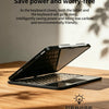A black tablet and keyboard are shown with a protective case, illustrating a feature for smart sleep mode.
