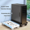 A black PC tower is secured in an adjustable stand with a double-sided guardrail design and caster wheels.