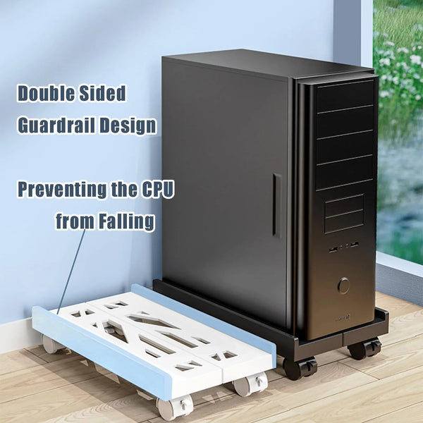 A black PC tower is secured in an adjustable stand with a double-sided guardrail design and caster wheels.