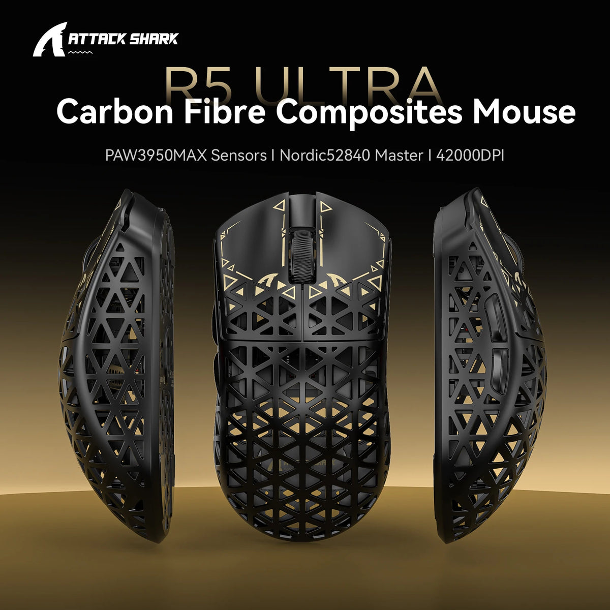 Schwarzer Attack Shark R5 Ultra Carbonfaser-Gaming-Maus aus verschiedenen Winkeln