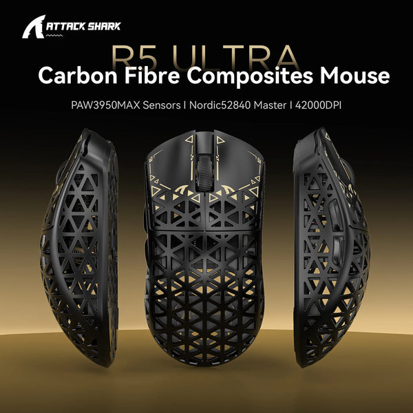 Black Attack Shark R5 Ultra Carbon Fibre Composites gaming mouse shown from multiple angles