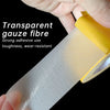 A hand holds a strip of transparent gauze fibre tape used for strong adhesive bonding.