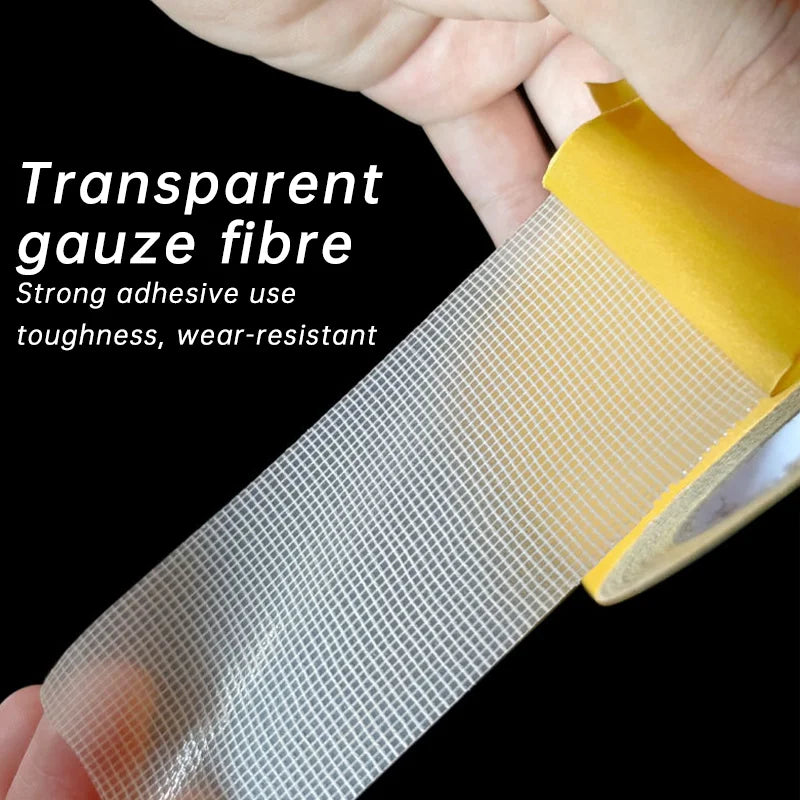 A hand holds a strip of transparent gauze fibre tape used for strong adhesive bonding.