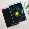 A pink and blue portable LCD drawing tablet with a screen displaying a 'Good luck!' message and various drawings.