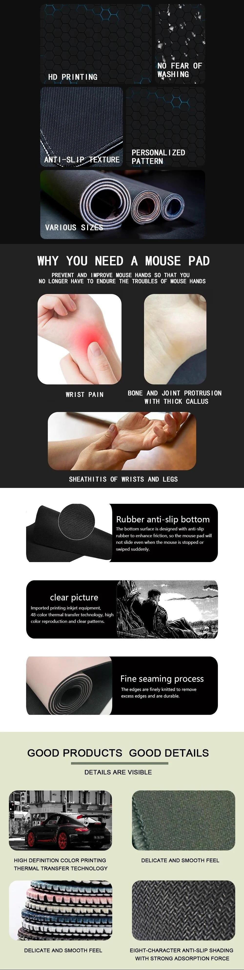 A gaming mouse pad featuring anti-slip texture, fine seaming, and high-definition color printing.