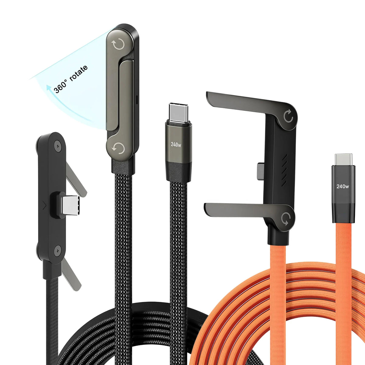 A black 2-in-1 fast charging data cable with a folding stand and orange coiled cable shown next to the components.