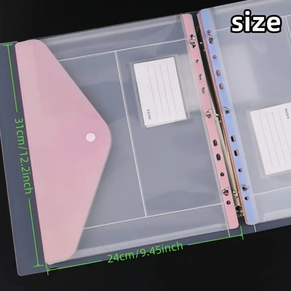 A clear plastic binder organizer showing pink and blue expandable pockets for ring binders.