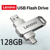 Silver Lenovo USB Flash Drive with 128GB capacity and a metal clip.
