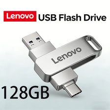 Silver Lenovo USB Flash Drive with 128GB capacity and a metal clip.