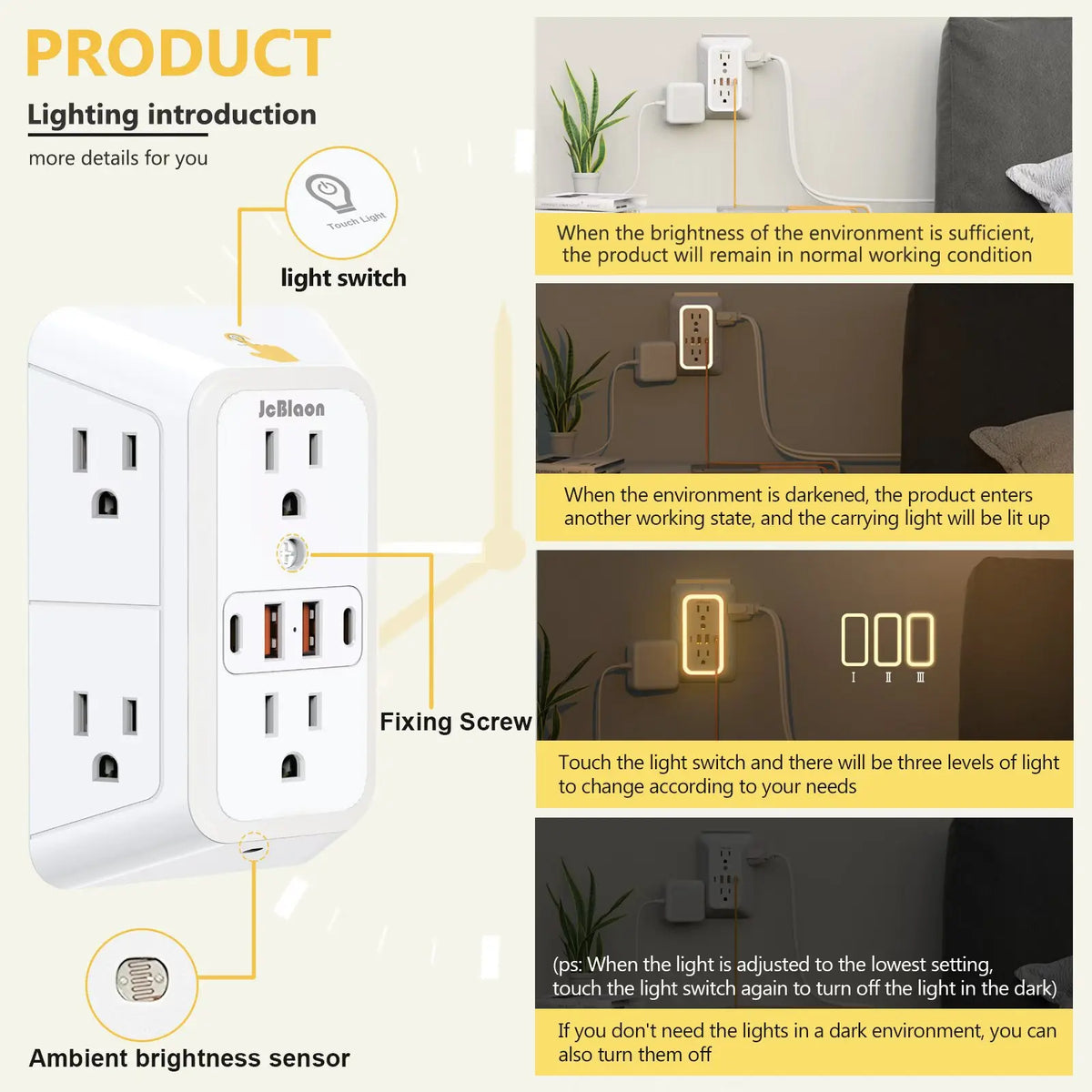 A white wall socket power strip with three light switches and an ambient brightness sensor.