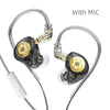 A pair of KZ EDX PRO dynamic earphones with a microphone and a silver cable.