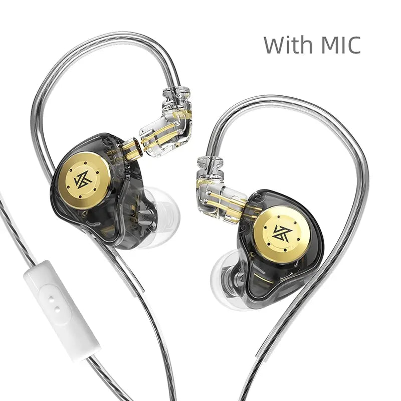 A pair of KZ EDX PRO dynamic earphones with a microphone and a silver cable.