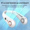 A white bladeless portable neck fan is shown against a blue background with wavy lines.