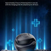 A black wireless Bluetooth earbud is shown against a dark blue, starry background with glowing blue lines.