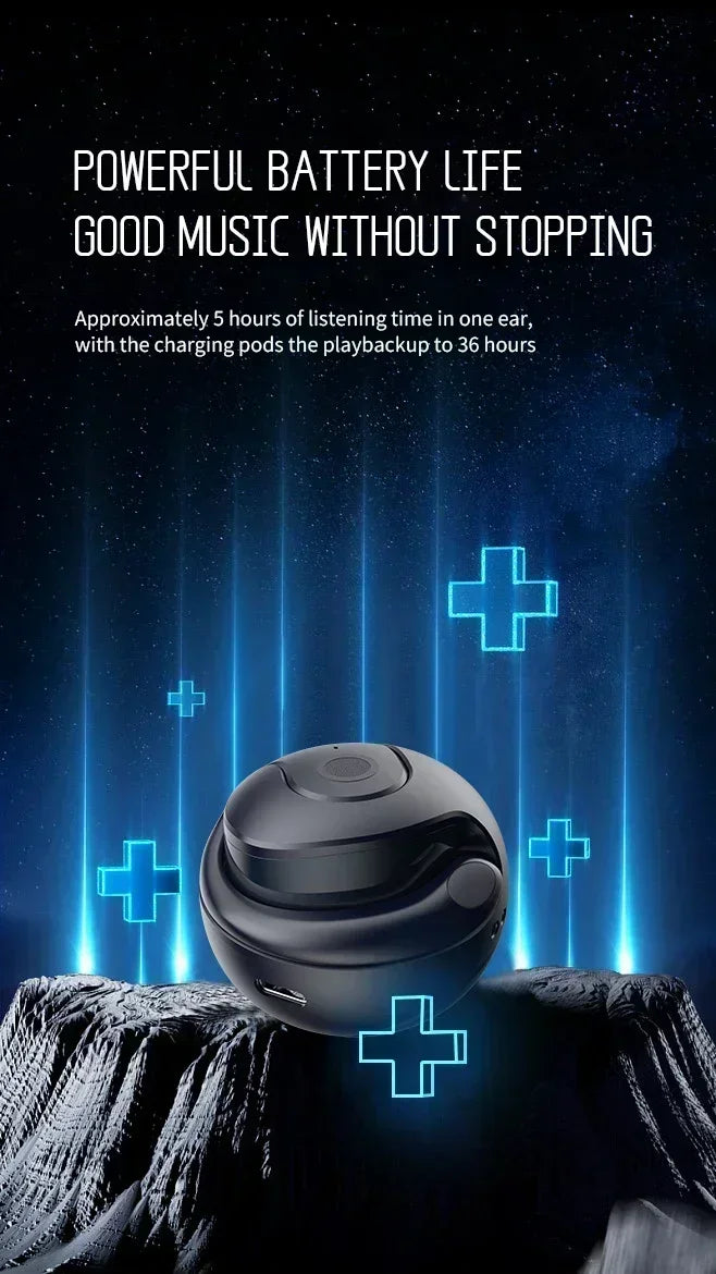 A black wireless Bluetooth earbud is shown against a dark blue, starry background with glowing blue lines.