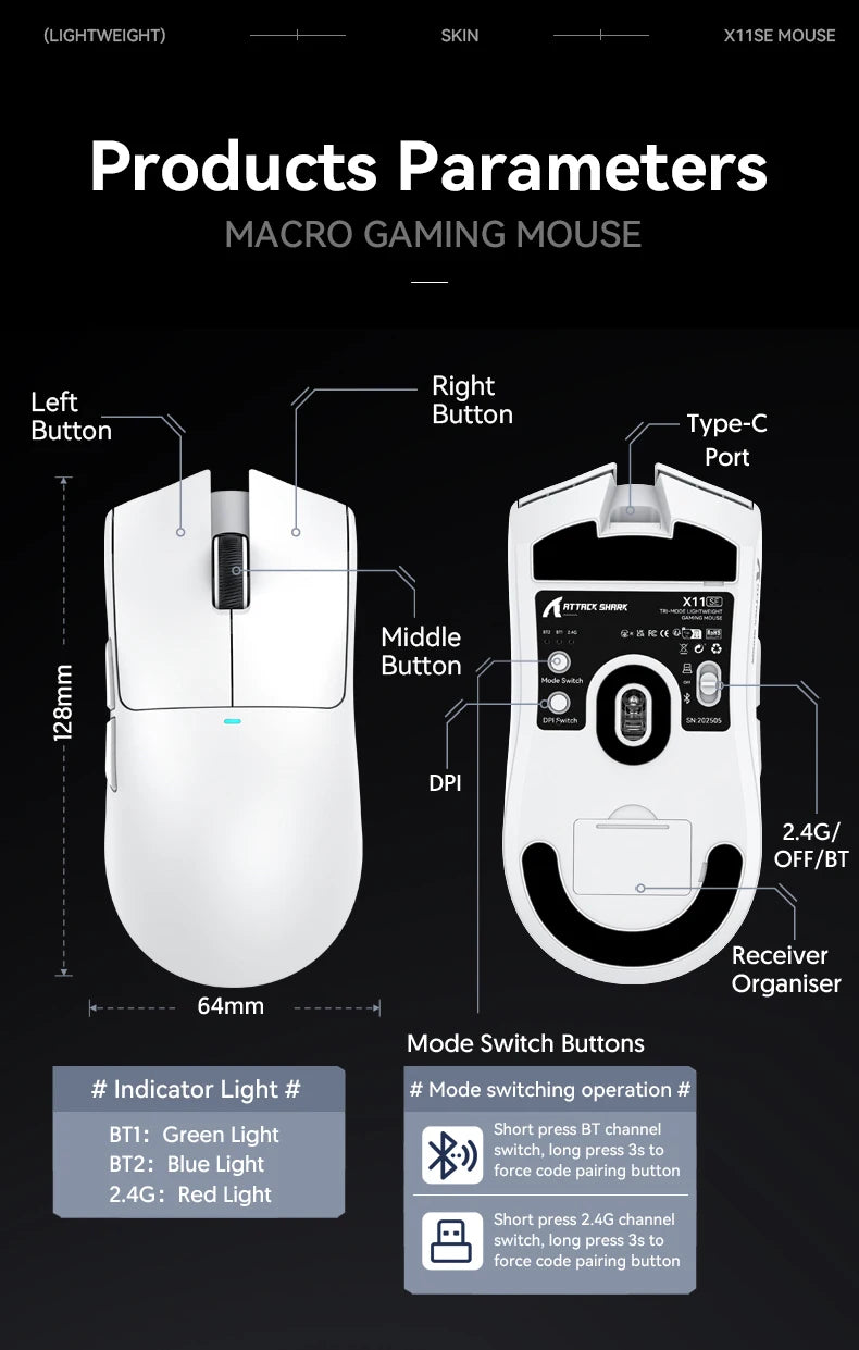 Diagram showing the parameters and features of the Attack Shark X11 SE macro gaming mouse including buttons, ports, and indic
