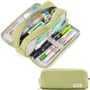 A light green fabric pencil pouch with a zipper, filled with various pens and pencils.