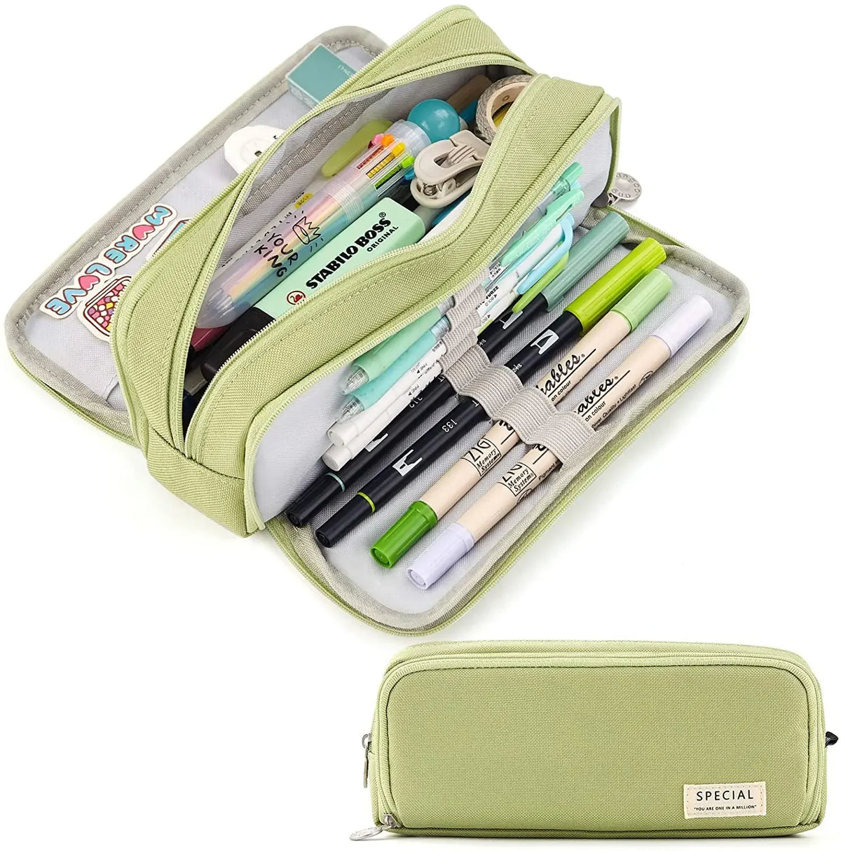 A light green fabric pencil pouch with a zipper, filled with various pens and pencils.