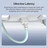 A white charging cable with a braided nylon cord is shown connected to a device.