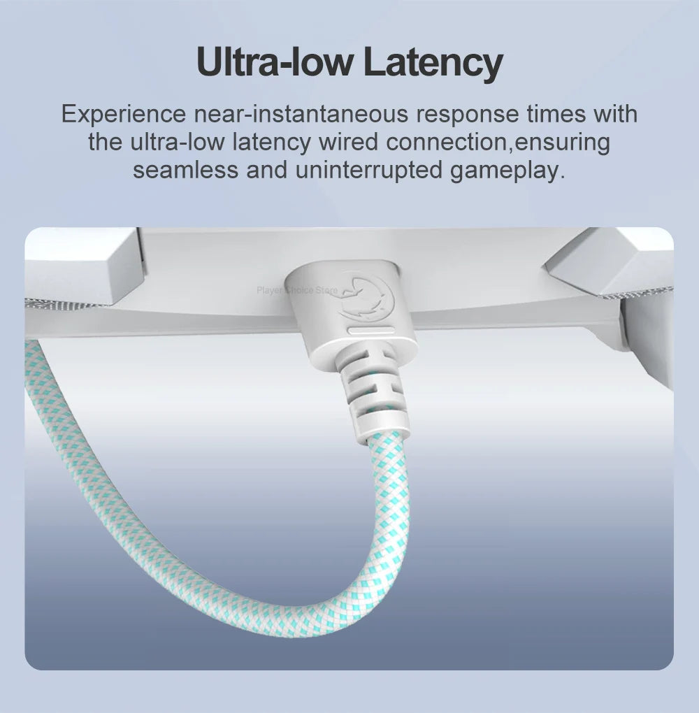 A white charging cable with a braided nylon cord is shown connected to a device.