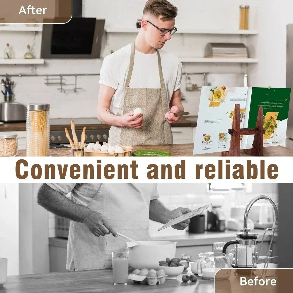 Before and after comparison showing a vintage wooden cookbook holder for recipes on a kitchen counter