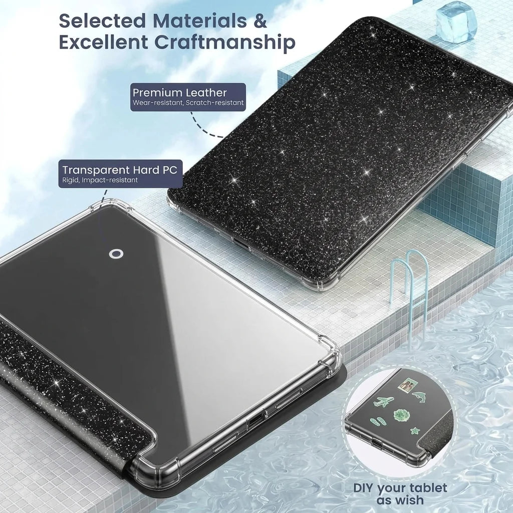 A black glitter slim case for a tablet is shown next to its disassembled components and a DIY kit.