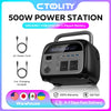 Schwarze tragbare Powerstation mit AC- und DC-Ladeanschlüssen, gekennzeichnet als 500W-Powerstation.