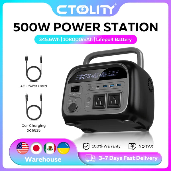 A black portable power station with AC and DC charging ports and a battery labeled 500W power station.